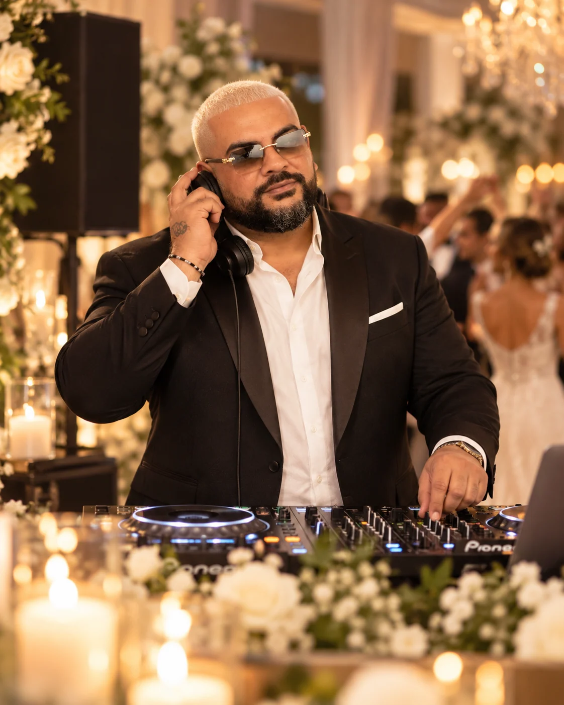 DJ Kais Ben am DJ-Pult einer festlich dekorierten Hochzeit mit weissen Blumen und Kerzenlicht